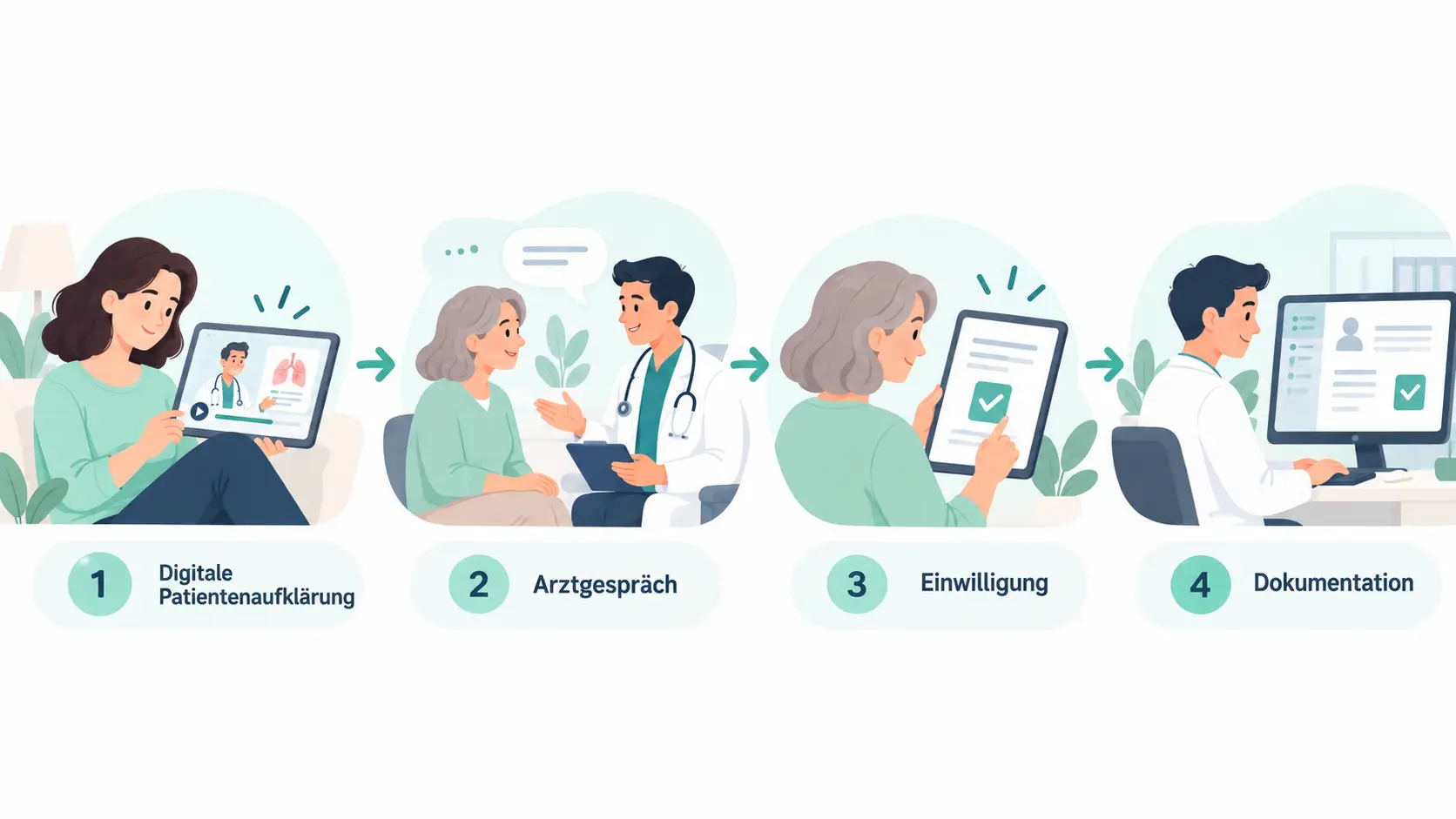 Arzt erklärt Patientin Aufklärungsunterlagen in der Praxis