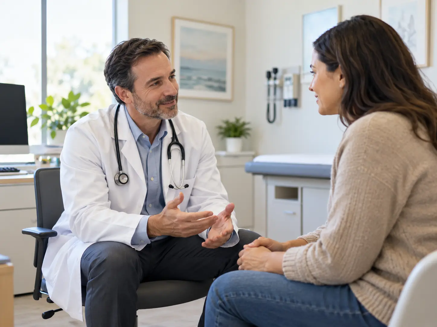 Arzt im Gespräch mit Patientin in moderner Praxis